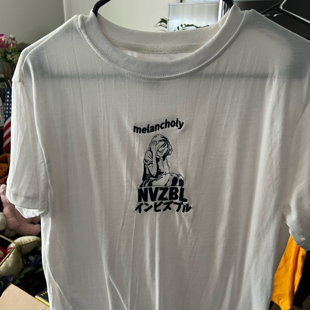 NVZBL Embroidered Melancholy Anime Girl T-shirt Size Medium